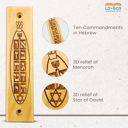 Logos Trading Post Olive Wood Mezuzah with Scroll, Ten Commandments, Menorah, & Star of David, Made in Israel, Religious Home Décor for Door & Wall, Includes Parchment Prayer Scroll, Jewish & Messianic House Wall Art - Image 4