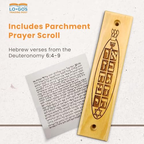 Logos Trading Post Olive Wood Mezuzah with Scroll, Ten Commandments, Menorah, & Star of David, Made in Israel, Religious Home Décor for Door & Wall, Includes Parchment Prayer Scroll, Jewish & Messianic House Wall Art - Image 3
