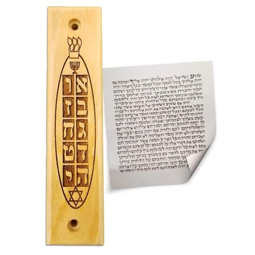 Logos Trading Post Olive Wood Mezuzah with Scroll, Ten Commandments, Menorah, & Star of David, Made in Israel, Religious Home Décor for Door & Wall, Includes Parchment Prayer Scroll, Jewish & Messianic House Wall Art - Image 1