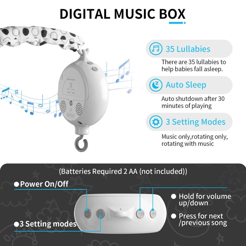 FEISIKE Baby Crib Mobile Crib Toys Hanging with 35 Lullabies 3 Modes Digital Musical BoxTurn Only Music Only Turn  Music Newborn Baby Toys BlackWhite for Boys and Grils - Image 3