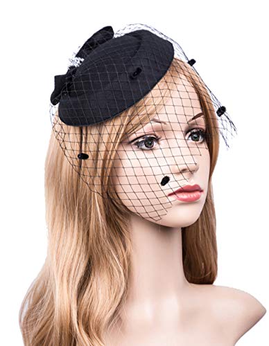 Cizoe Fascinators Hats 20s 50s Hat Pillbox Hat Cocktail Tea Party Headwear with Veil for Girls and Women(C-Black) - Image 2