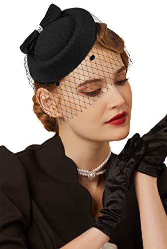 Cizoe Fascinators Hats 20s 50s Hat Pillbox Hat Cocktail Tea Party Headwear with Veil for Girls and Women(C-Black) - Image 1