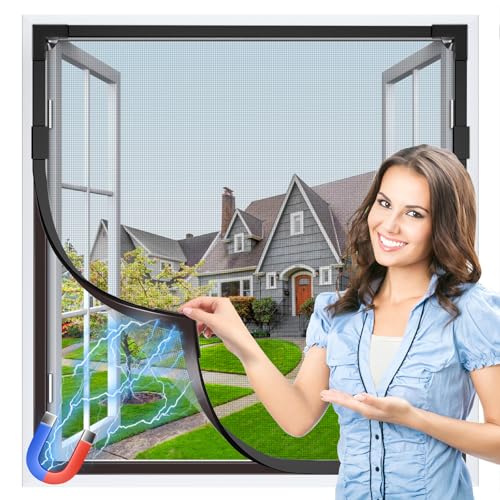 HOFUDON Window Screen Adjustable Magnetic Window Screen Replacement Max 39 x 59 DIY Fiberglass Mesh Window Screens for House Windows Black Frame Grey Mesh - Image 1