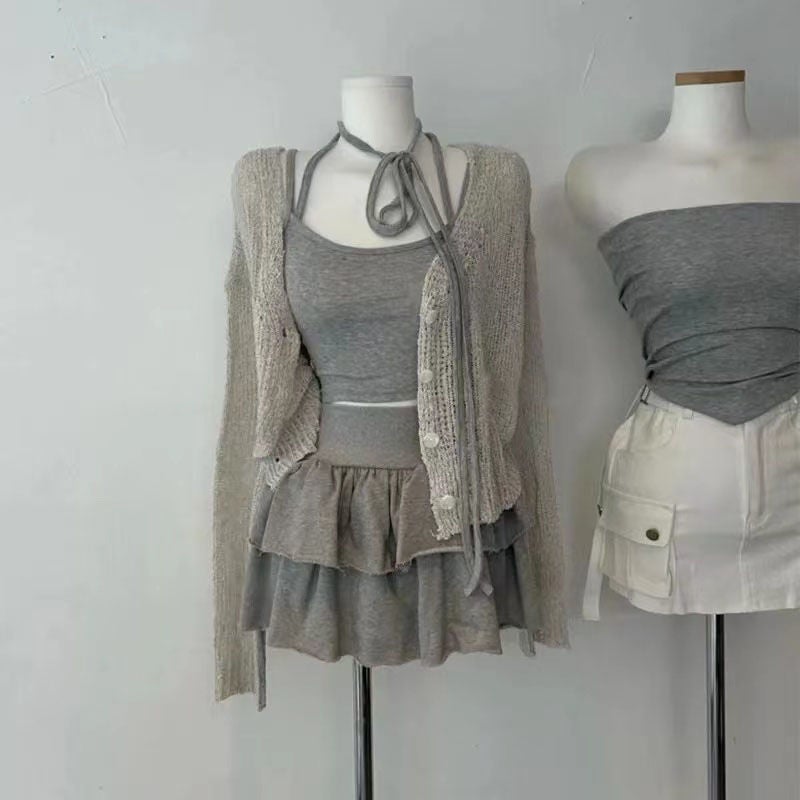 Autumn Gentle Wear Womens 2024 New Korean-style Pure Sling All-match Cardigan High Waist Short Skirt Three-piece Fashionable Set Cardigan with Sling