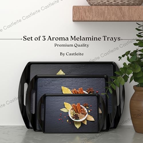 Castleite Aroma Series Melamine Trays Set of 3 with Handles for Serving Snacks or Tea – A Designer Tray Medley for Home or Cafe Use (Spicy Destin) - Image 2