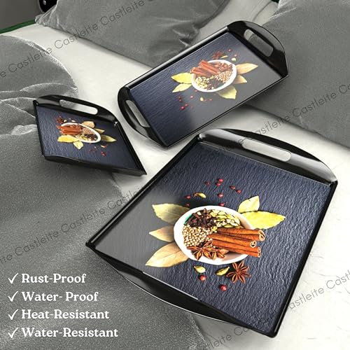 Castleite Aroma Series Melamine Trays Set of 3 with Handles for Serving Snacks or Tea – A Designer Tray Medley for Home or Cafe Use (Spicy Destin) - Image 4