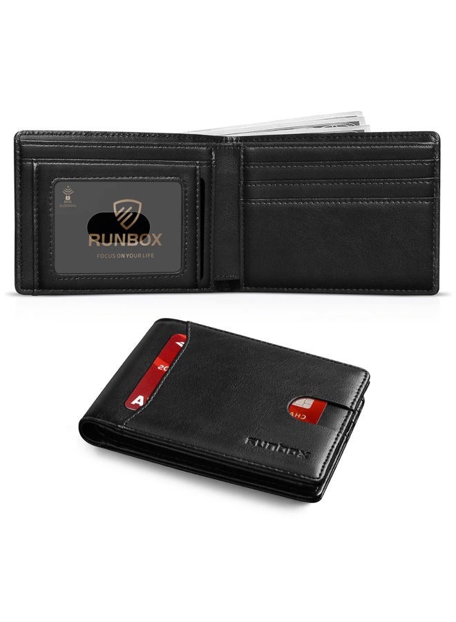 RUNBOX Wallet for Men Slim 11 Credit Card Holder Slots Leather RFID Blocking Small Thin Men's Wallet Bifold Minimalist Front Pocket Large Capacity Gift Box Black - Image 1