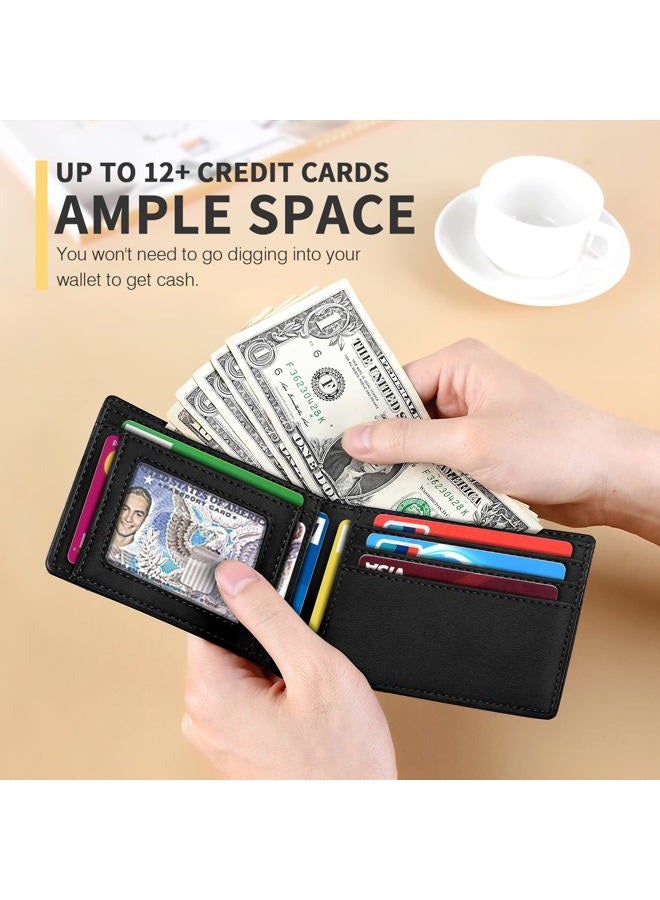 RUNBOX Wallet for Men Slim 11 Credit Card Holder Slots Leather RFID Blocking Small Thin Men's Wallet Bifold Minimalist Front Pocket Large Capacity Gift Box Black - Image 2