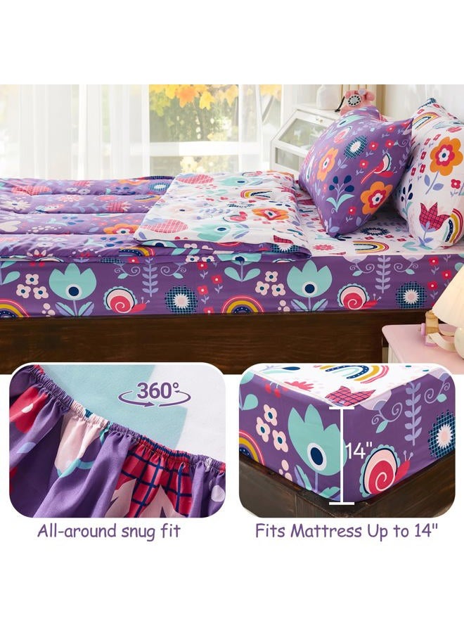 DJY Zipper Bedding Set Twin, Purple Floral Bedding Sets for Girls, Kids Comforter Set with Fitted Sheet Pillowcases, All in One Zipper Bed Set for All Seasons - Image 5