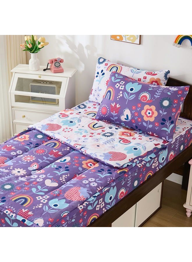 DJY Zipper Bedding Set Twin, Purple Floral Bedding Sets for Girls, Kids Comforter Set with Fitted Sheet Pillowcases, All in One Zipper Bed Set for All Seasons - Image 1