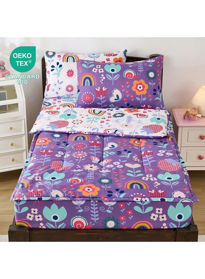 DJY Zipper Bedding Set Twin, Purple Floral Bedding Sets for Girls, Kids Comforter Set with Fitted Sheet Pillowcases, All in One Zipper Bed Set for All Seasons - Image 2