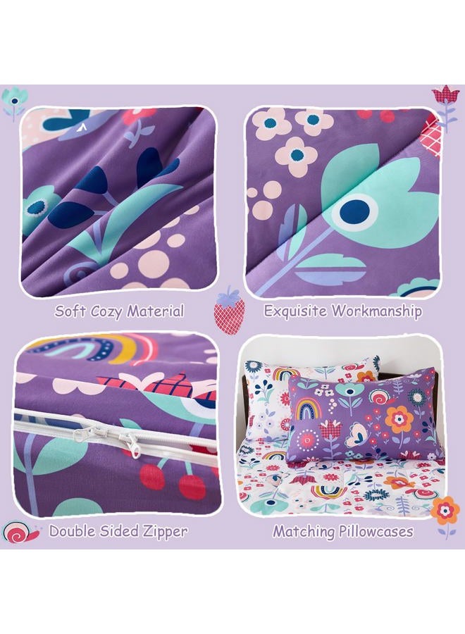 DJY Zipper Bedding Set Twin, Purple Floral Bedding Sets for Girls, Kids Comforter Set with Fitted Sheet Pillowcases, All in One Zipper Bed Set for All Seasons - Image 4