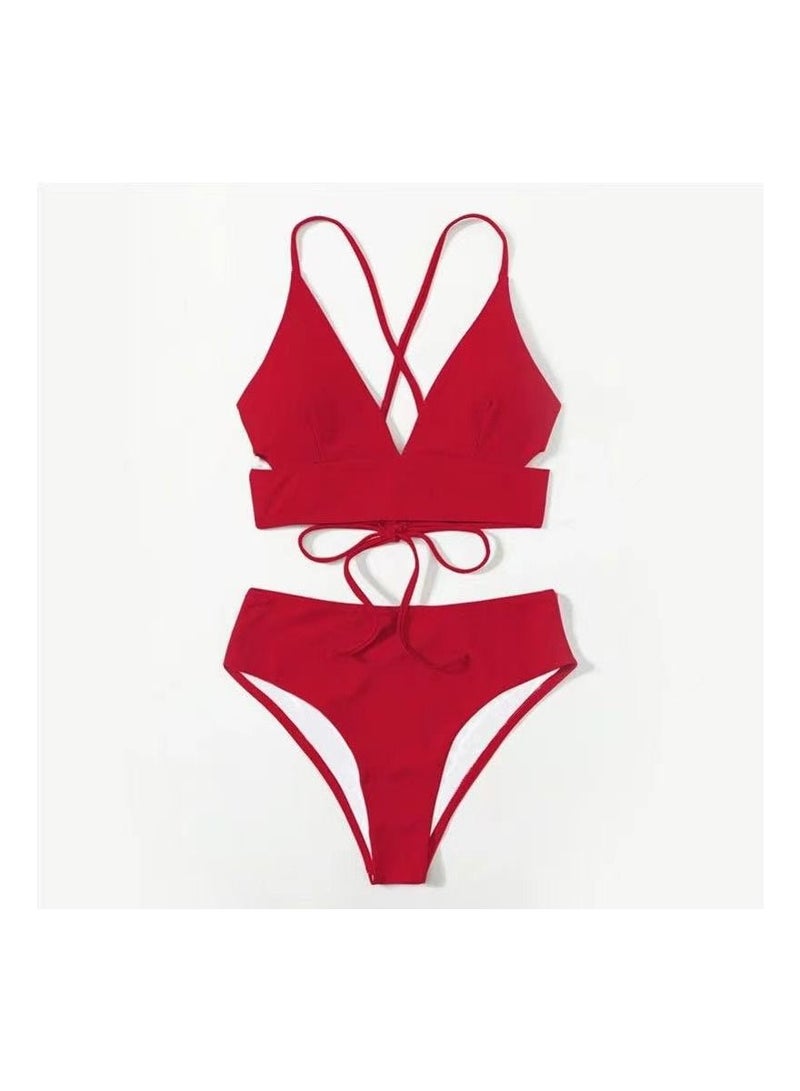 1-Set Solid Colour Split Swimsuit,Gathered High Waist Swimsuit,Colour Red,Size S - Image 1