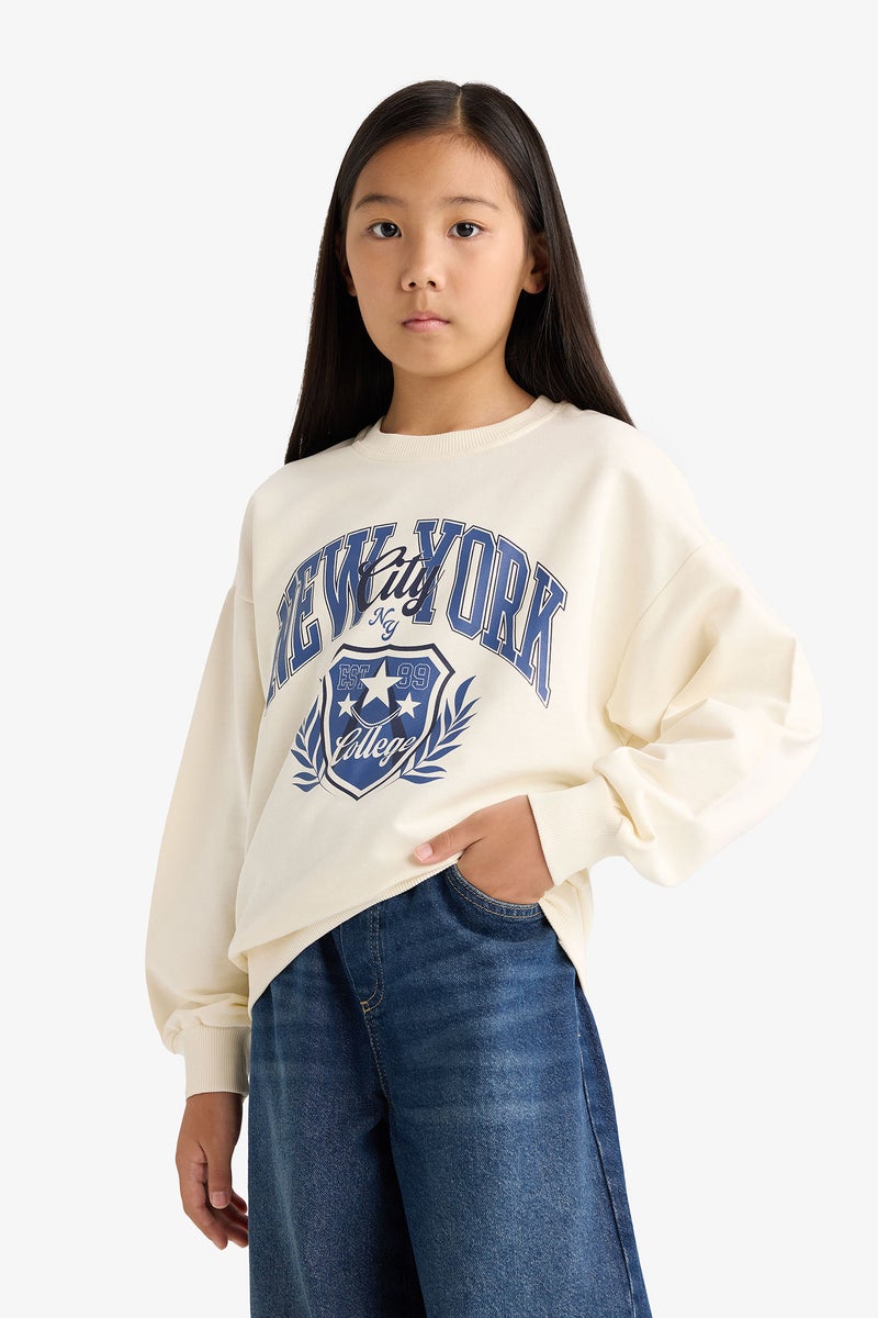 DeFacto Beige Girl Girl Relax Fit Crew Neck Printed Sweatshirt Casual - Image 4