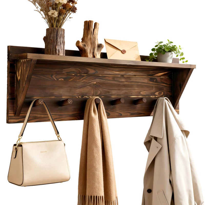 حامل معاطف ويبى مثبت على الحائط مع رف و8 خطافات و34 بوصة رف مدخل ريفي مع خطافات أسفل لتعليق المعاطف والملابس والحمام بني ريفي