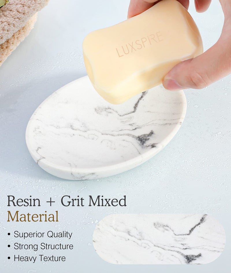 Luxspire Soap Dish, Resin Soap Tray Soap Holder Container Box, Marble Pattern Oval Soap Plate Case, Sponge Dish Scrubbers Tray Holder for Bathroom Vanity Shower Kitchen Sink Counter Top, Gravel White - Image 2