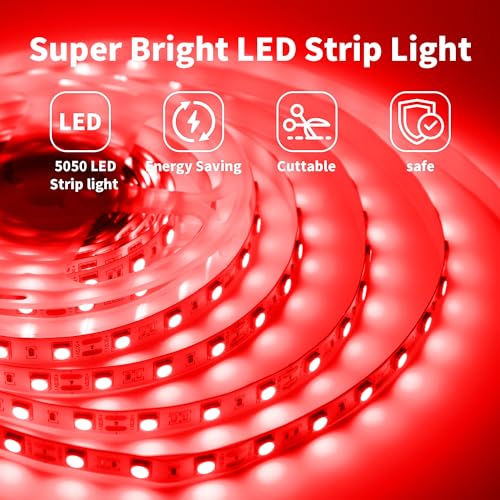 iNextStation LED Strip Lights Red 12V LED Light 16.4ft/5m Flexible LED Strip Lights Cuttable 300 LEDs 5050 Tape Lights for Bedroom, Kitchen, Cabinet, Mirror (No Plug) - Image 2