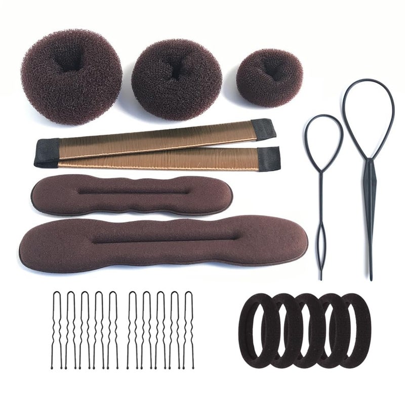 iFlyMars Hair Accessories Set Foam Sponge Bun Shapers Magic French Twist Clip Snap Bun Makers Elastic Bands and Hair Pins Brown