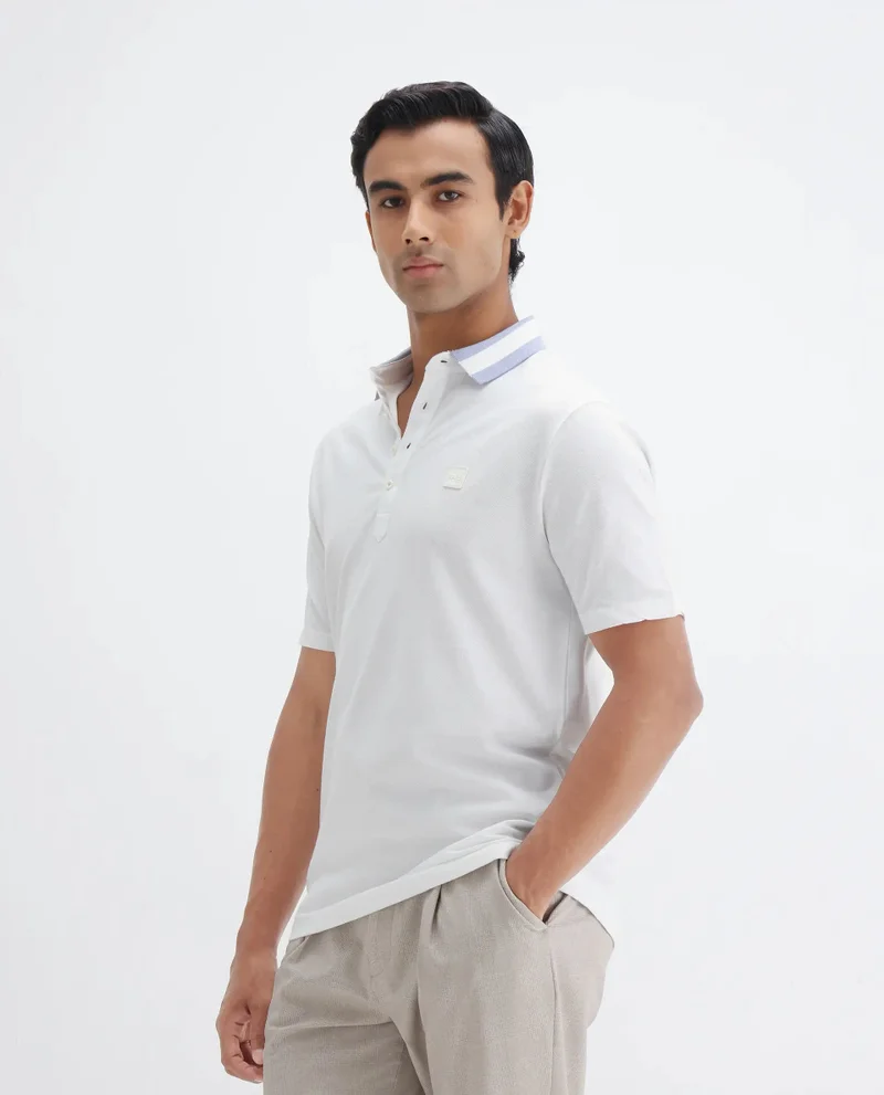 Rare Rabbit Rare Rabbit Men's Divide White Cotton Fabric Striped Collar Half Sleeves Polo T-Shirt