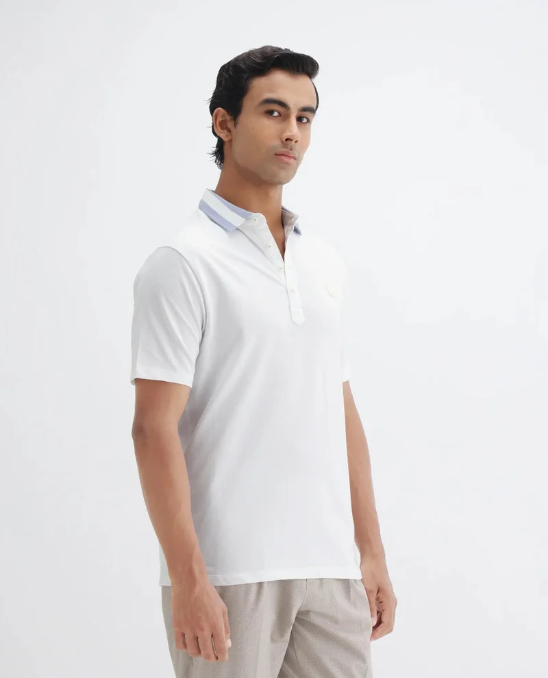 Rare Rabbit Rare Rabbit Men's Divide White Cotton Fabric Striped Collar Half Sleeves Polo T-Shirt