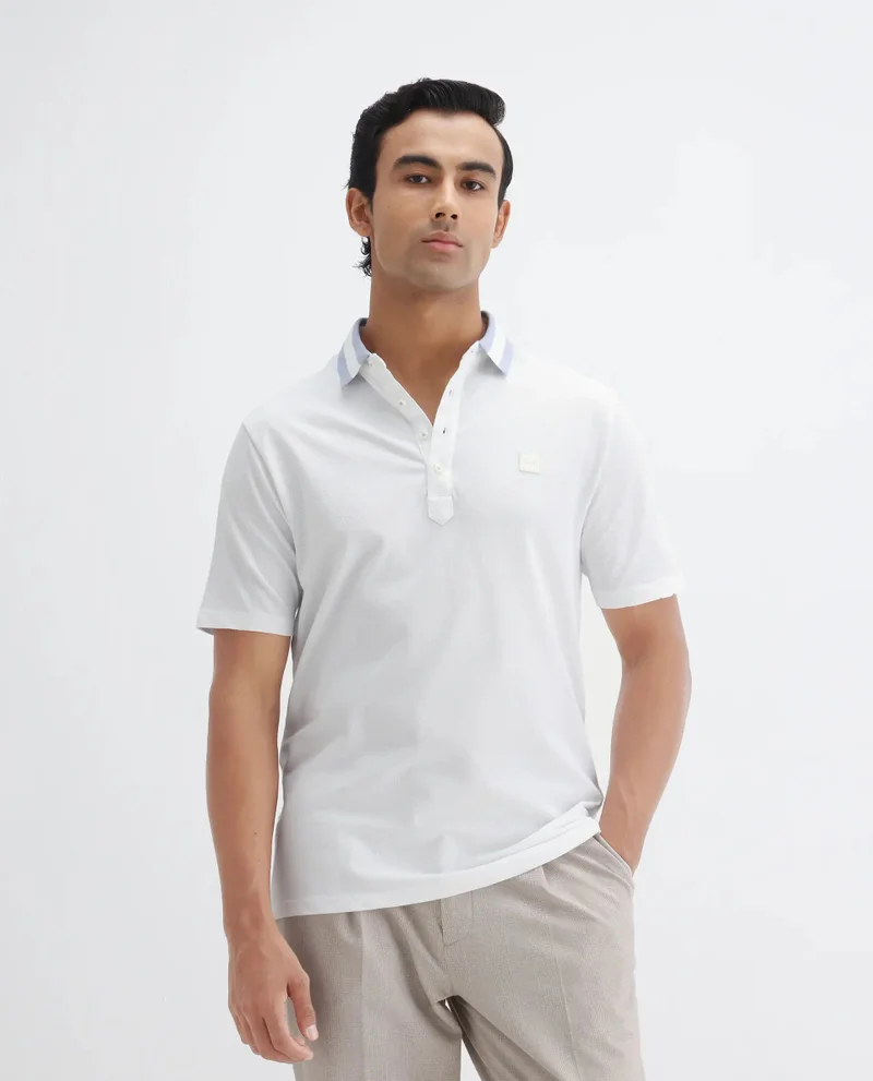 Rare Rabbit Rare Rabbit Men's Divide White Cotton Fabric Striped Collar Half Sleeves Polo T-Shirt