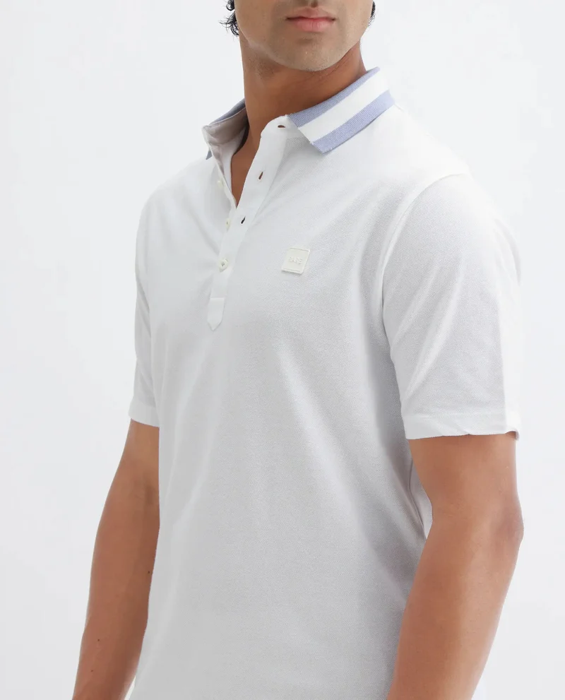 Rare Rabbit Rare Rabbit Men's Divide White Cotton Fabric Striped Collar Half Sleeves Polo T-Shirt