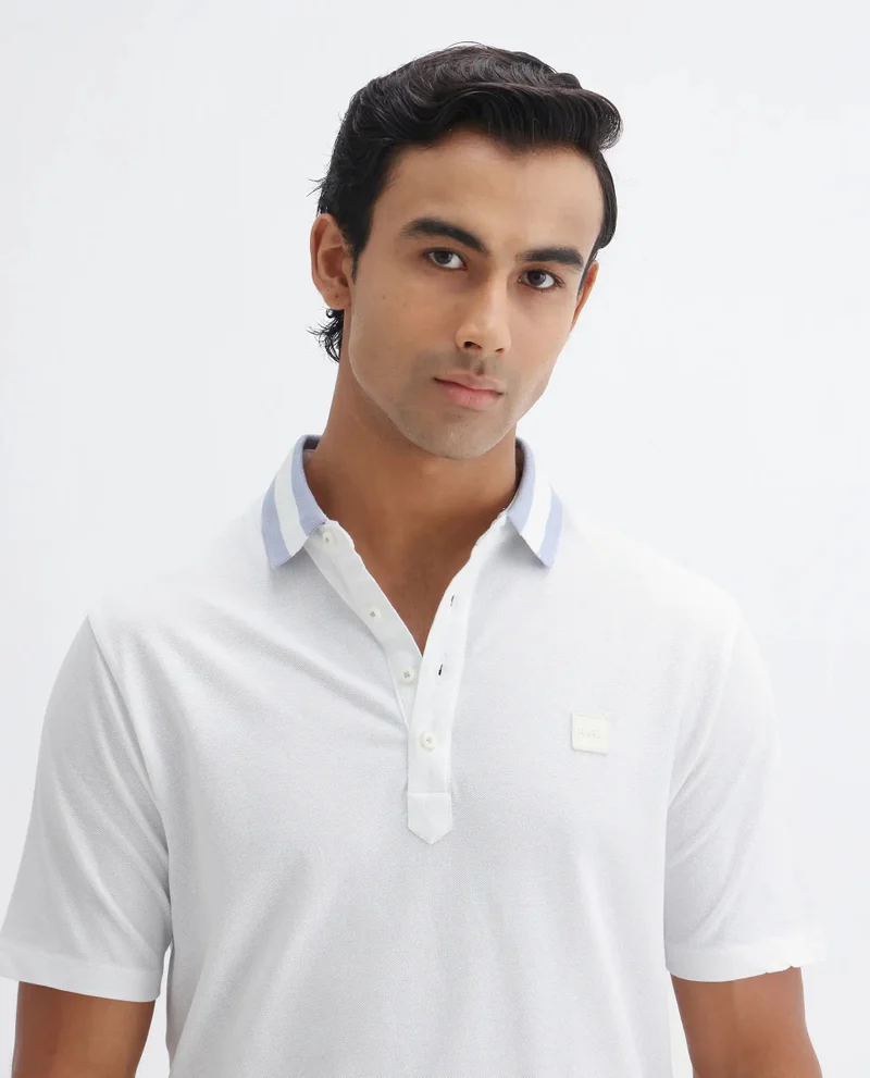 Rare Rabbit Rare Rabbit Men's Divide White Cotton Fabric Striped Collar Half Sleeves Polo T-Shirt
