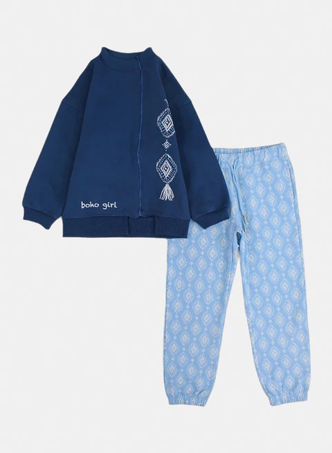 Girls Cotton Pajama Set – Dark Blue with “Boho Girl“ Design