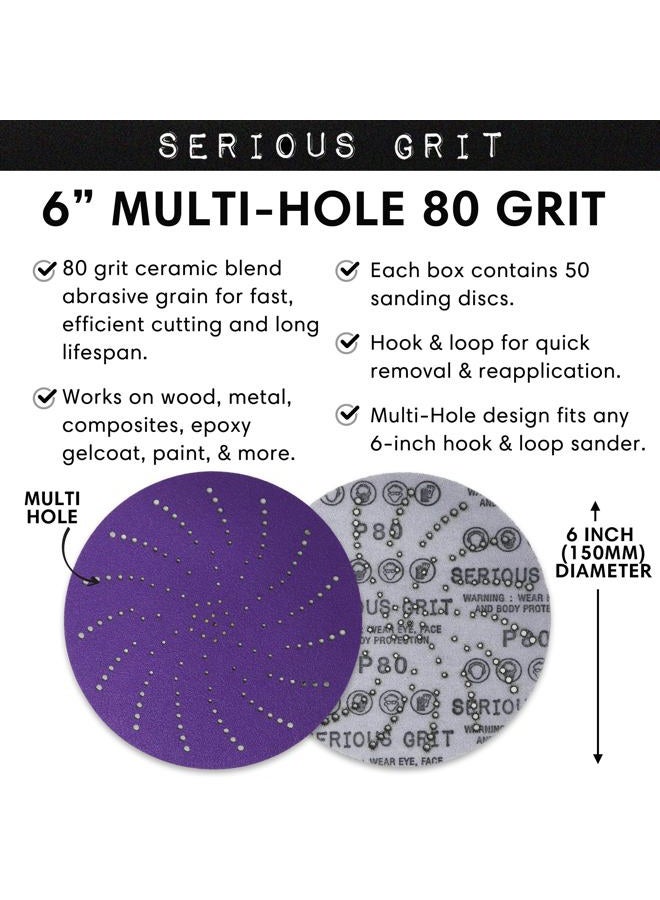 Serious Grit 6-Inch 80 Grit Ceramic Multi-Hole Hook & Loop Sanding Discs - Advanced Grain for Fast Cutting & Long Life - Film-Backed Universal Fit Sandpaper for 6-in Sanders - 50 Pack Box - Image 3