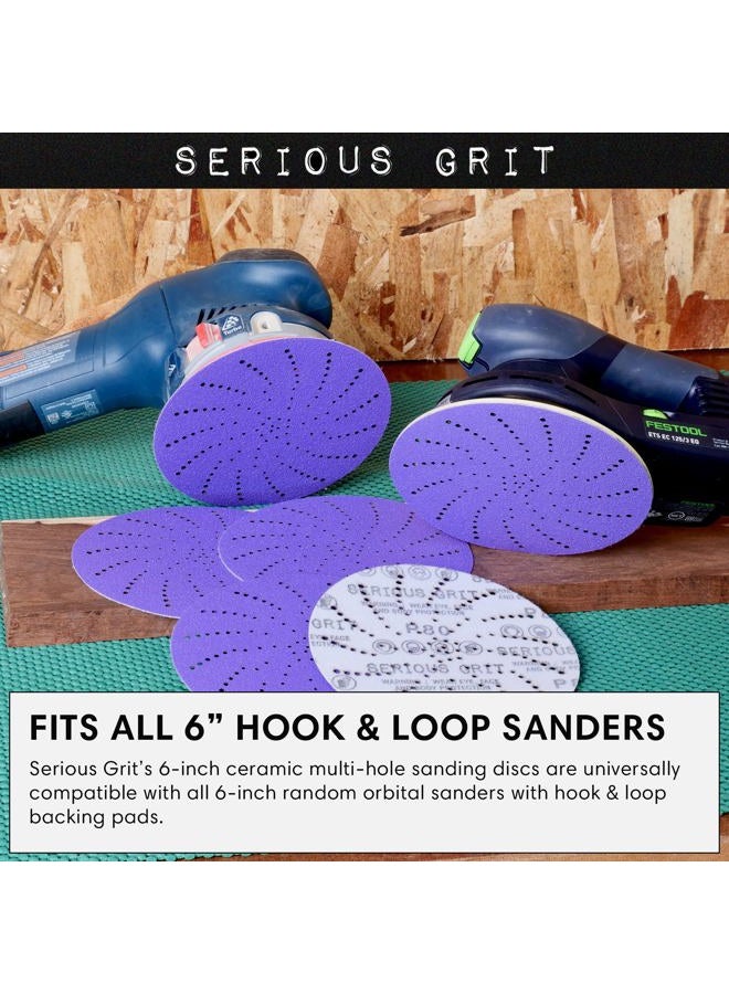 Serious Grit 6-Inch 80 Grit Ceramic Multi-Hole Hook & Loop Sanding Discs - Advanced Grain for Fast Cutting & Long Life - Film-Backed Universal Fit Sandpaper for 6-in Sanders - 50 Pack Box - Image 2