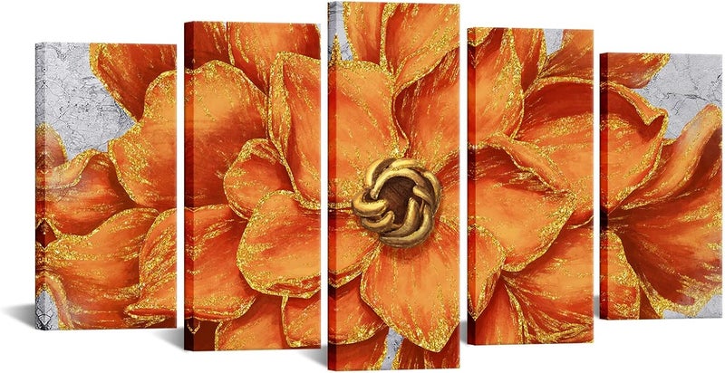 Welmeco 5 Panels Gold Orange Flower Canvas Art - Image 1