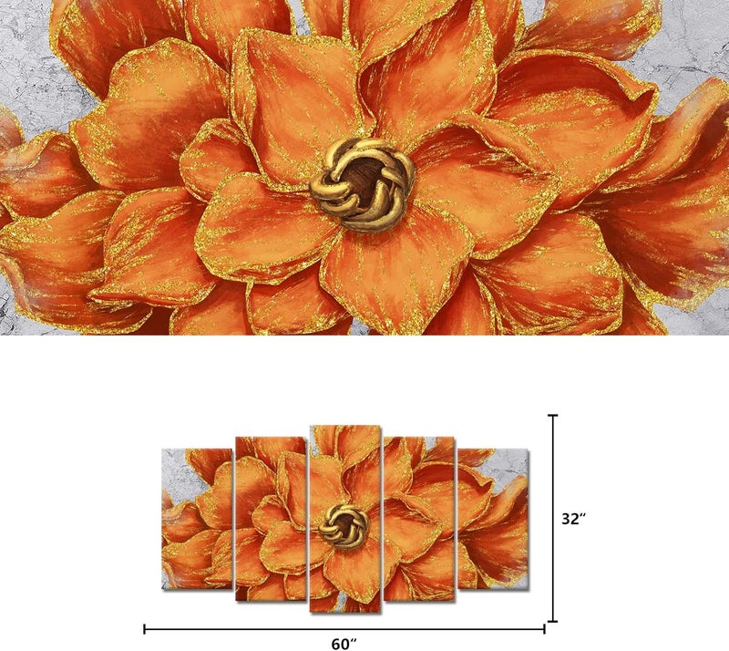Welmeco 5 Panels Gold Orange Flower Canvas Art - Image 5