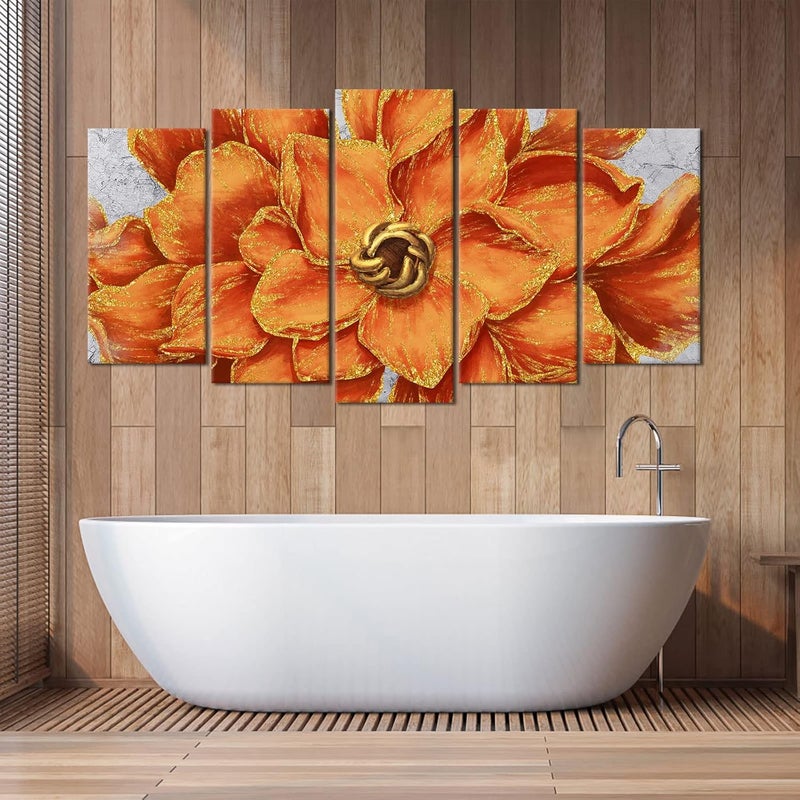 Welmeco 5 Panels Gold Orange Flower Canvas Art - Image 4