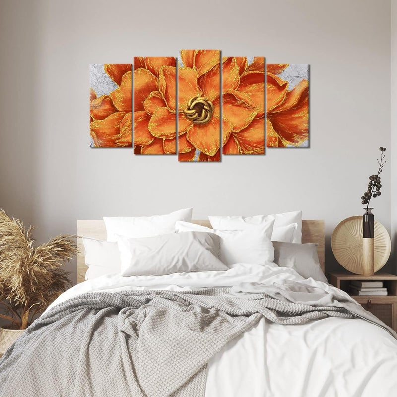 Welmeco 5 Panels Gold Orange Flower Canvas Art - Image 3