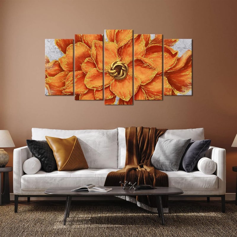Welmeco 5 Panels Gold Orange Flower Canvas Art - Image 2