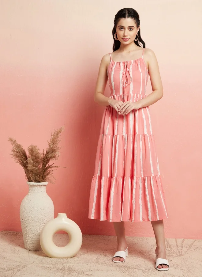AKS Peach Striped Tiered A-Line Dress for Women