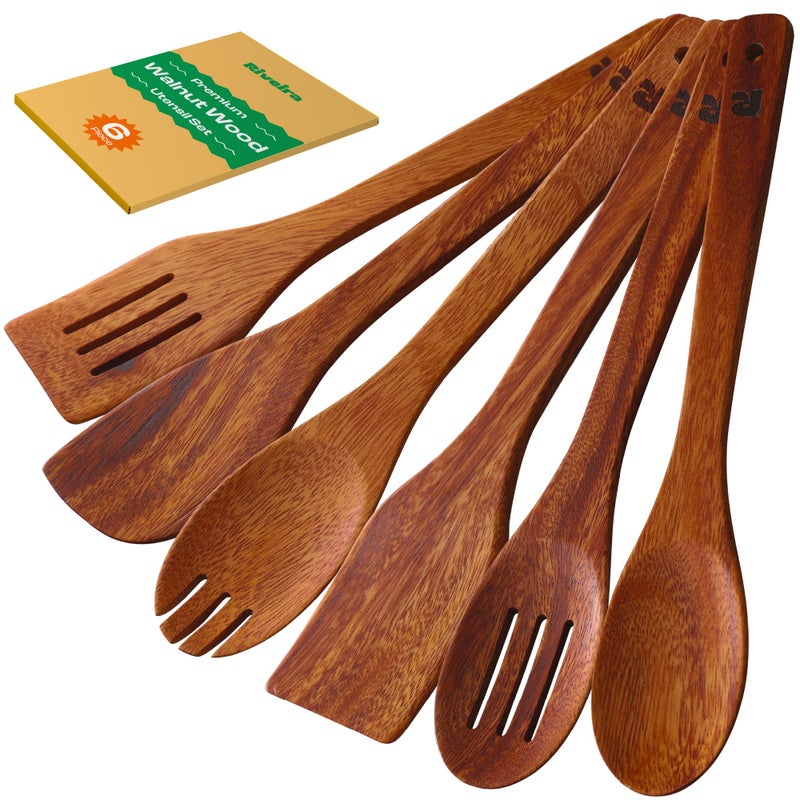 Riveira Walnut Wooden Spoons for Cooking Set of 6  Natural Walnut Wooden Cooking Utensils Spatula Spoon  Premium Quality Utensil Set for NonToxic Cooking