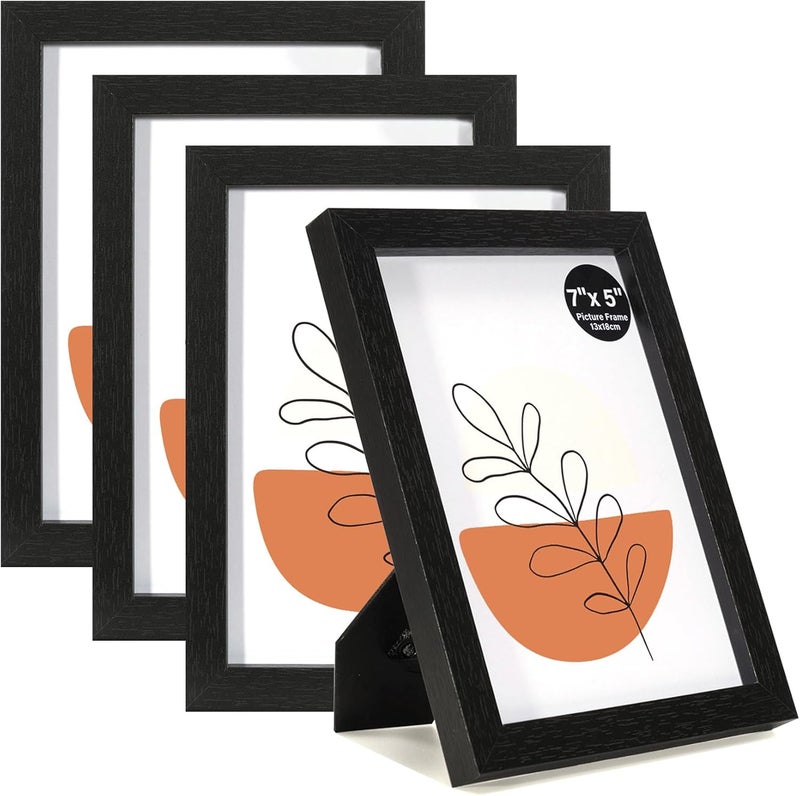 KAIWIN إطار صور مقاس 13 × 18 سم أسود مجموعة من 4 إطارات صور خشبية مقاس 5 × 7 بوصة إطار خشبي إطار صور بزجاج أكريليك، إطار للطاولة والتعليق على الحائط - Image 1