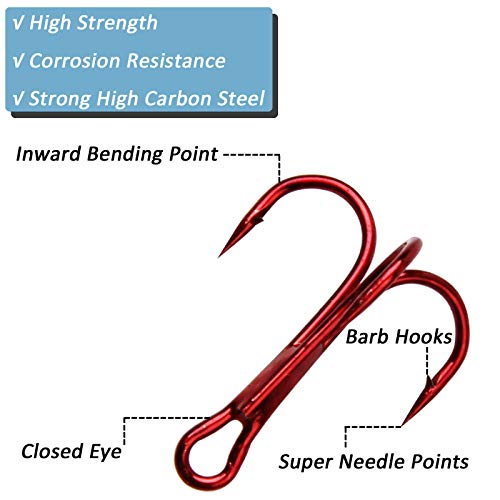 JSHANMEI 130pcs Fishing Treble Hooks Kit for Saltwater Freshwater, High Carbon Steel Barbed Treble Hooks Strong Sharp Round Bend Triple Fishing Hooks for Catfish Bass Trout Hard Baits Lures - Image 2