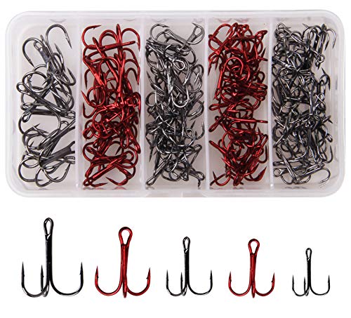 JSHANMEI 130pcs Fishing Treble Hooks Kit for Saltwater Freshwater, High Carbon Steel Barbed Treble Hooks Strong Sharp Round Bend Triple Fishing Hooks for Catfish Bass Trout Hard Baits Lures - Image 1