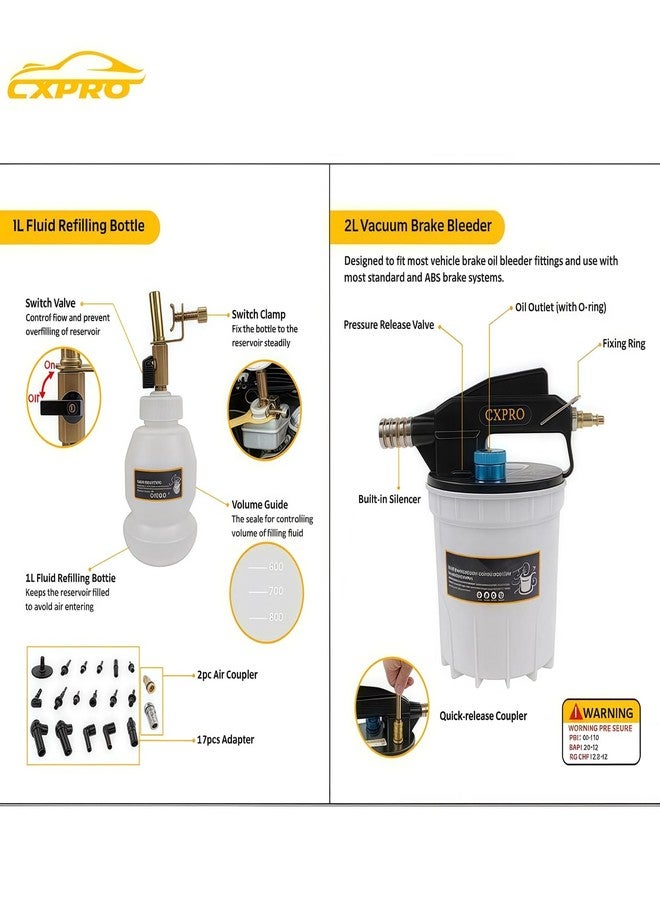 CXPRO Brake Bleeder Kit with 2L Brake Fluid Extractor and 1L Refilling Bottle,Pressure Clutch Bleeder Kit 19 Adapters - Image 4