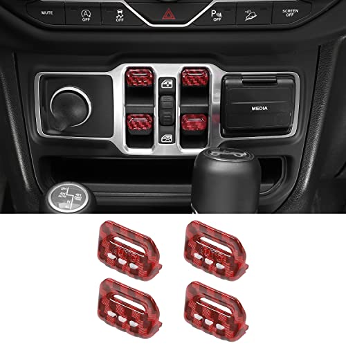 Jimen Compatible with Jeep Wrangler JL JLU 2018-2023 and Jeep Gladiator JT 2020-2023, 4PCS Center Console Window Button Switch Cover Interior Trim Accessories (Red Carbon Fiber) - Image 1