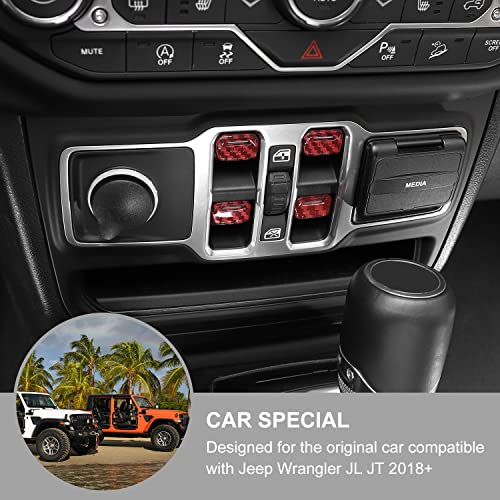 Jimen Compatible with Jeep Wrangler JL JLU 2018-2023 and Jeep Gladiator JT 2020-2023, 4PCS Center Console Window Button Switch Cover Interior Trim Accessories (Red Carbon Fiber) - Image 2
