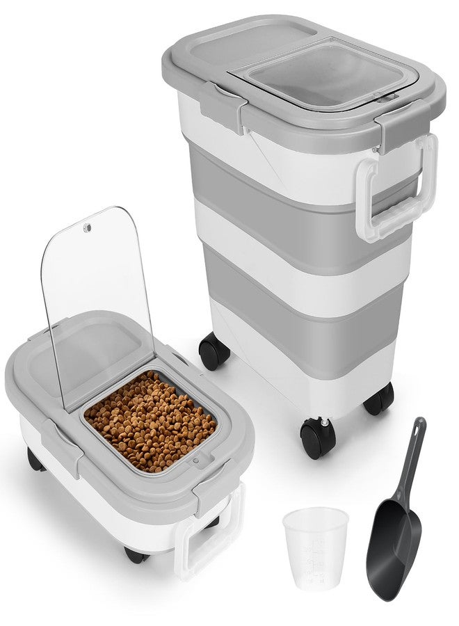 ShineMe Dog Food Storage Container, 30 Lbs Collapsible Food Storage Containers with Rolling Wheel Airtight Locking Lid, Cat Foods Bin with Cup and Scoop, Suitable for Pet Snack, Rice, Flour (Grey) - Image 1
