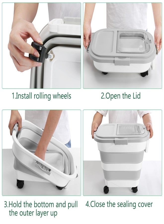 ShineMe Dog Food Storage Container, 30 Lbs Collapsible Food Storage Containers with Rolling Wheel Airtight Locking Lid, Cat Foods Bin with Cup and Scoop, Suitable for Pet Snack, Rice, Flour (Grey) - Image 3
