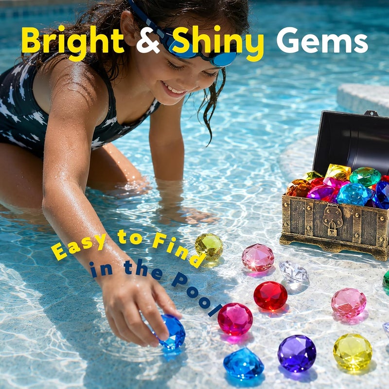 Sloosh Diving Gems Pool Toys,16 Big Colorful Diamond with Pirate Treasure Chest,Swim Dive Toy for Kids Underwater Gemstone Swimming Training Gift Water Toys Pool Games(Silver) - Image 3