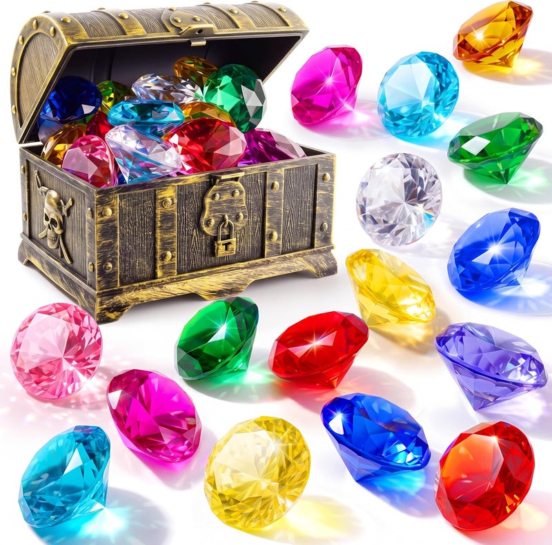 Sloosh Diving Gems Pool Toys,16 Big Colorful Diamond with Pirate Treasure Chest,Swim Dive Toy for Kids Underwater Gemstone Swimming Training Gift Water Toys Pool Games(Silver) - Image 1