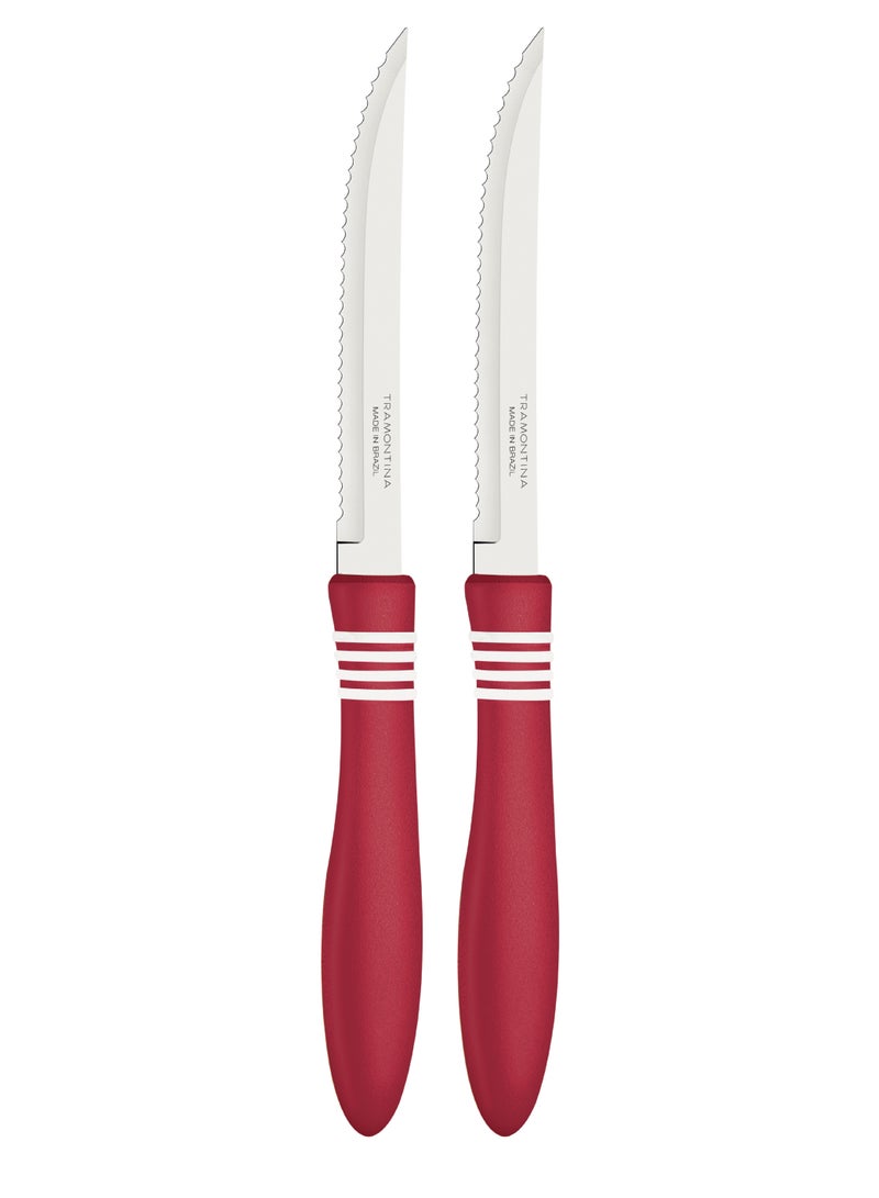 Tramontina Cor&Cor 2 Pieces Steak Knife Set with Stainless Steel Blade and Red Polypropylene Handle - Image 1