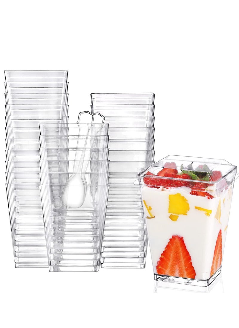 Y&D Plastic Dessert Cups with Lids and Spoons, 50 Pack Square Appetizer Small Clear Tumbler Set for Party Mini Puddings Mousse 5 Oz  - Image 1
