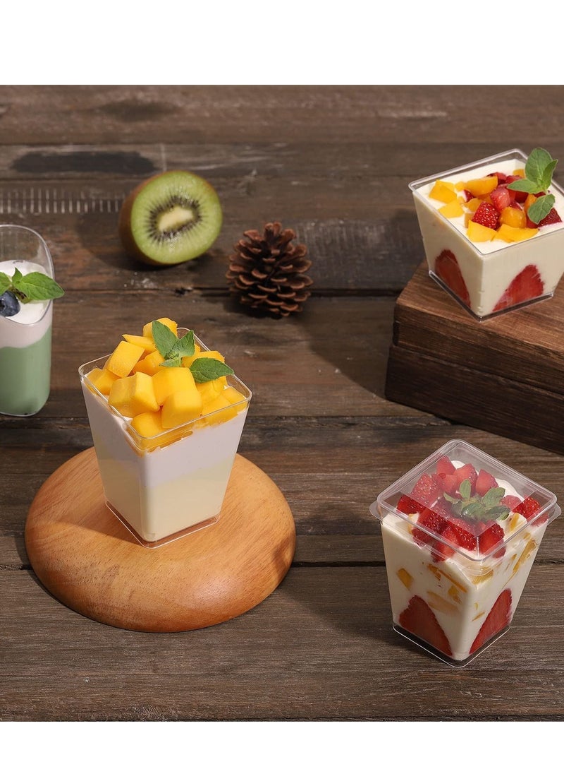 Y&D Plastic Dessert Cups with Lids and Spoons, 50 Pack Square Appetizer Small Clear Tumbler Set for Party Mini Puddings Mousse 5 Oz  - Image 4